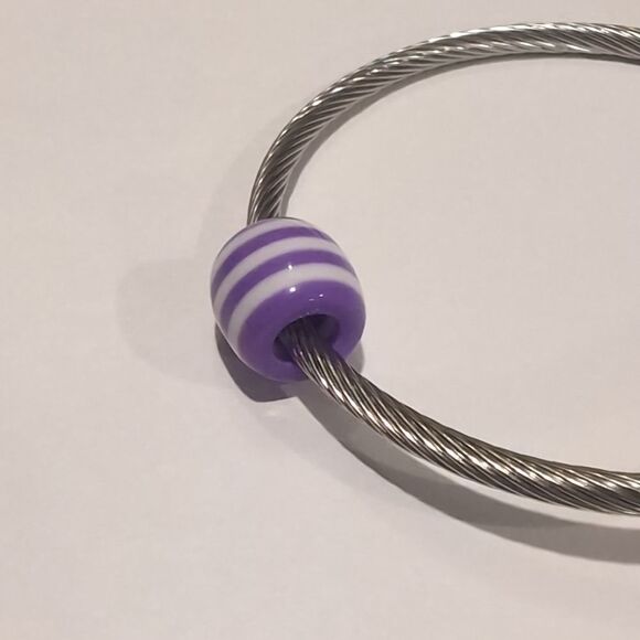 Purple and White Striped Charm for Pandora Style Bracelet - Picture 3 of 4